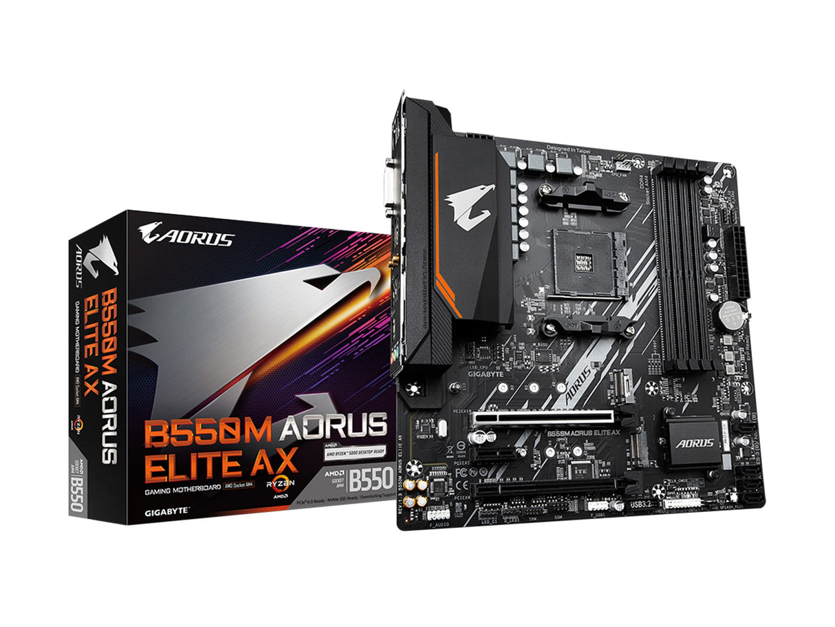 GIGABYTE B550M AORUS Elite AX Placa Base - Procesadores AMD Ryzen 5000, VRM de 5+3 Fases, hasta 4733 MHz DDR4, 1xPCIe 4.0 + 1xPCIe 3.0 M.2, Wi-Fi 6E, LAN 1GbE, USB 3.2 Gen 1