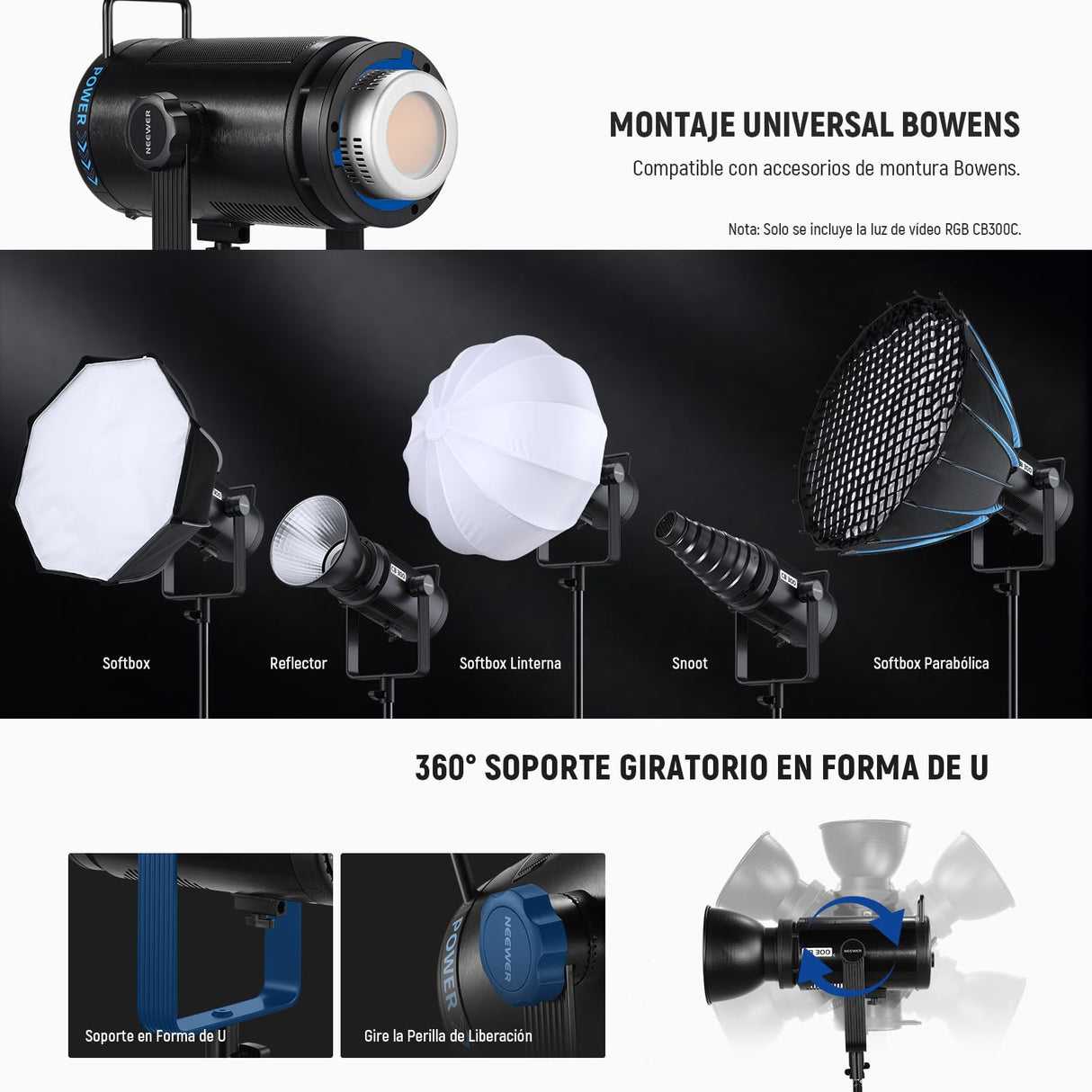 NEEWER Luz Vídeo LED 300W con Reflector, Montaje Bowens, 155000Lux/1m 5600K COB Iluminación Continua CRI97+/TLCI97+ Foco Estudio Regulable, App/2,4G/Control Integrado para Grabación Películas, CB300C