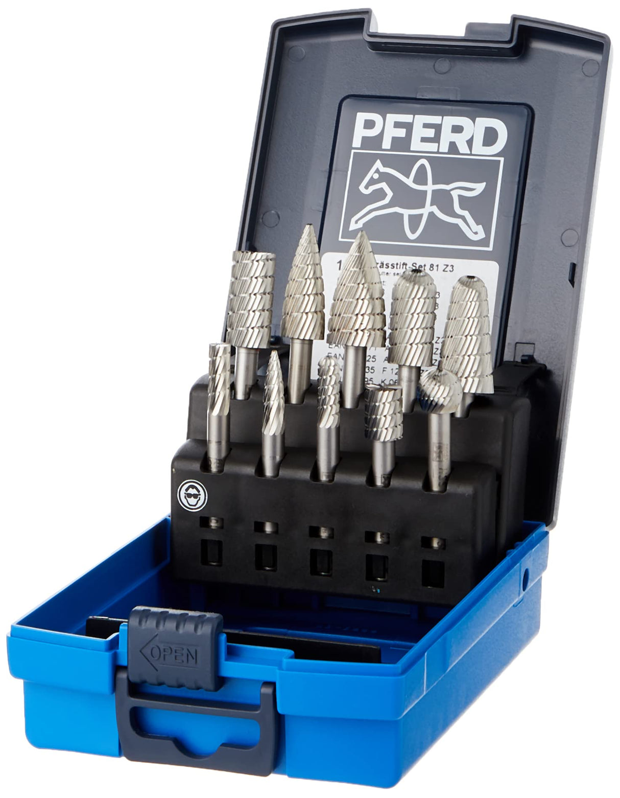 Pferd Juego de Fresas Hss 81 D3, 10 Fresas de Mango 6 millimeters y dentado 3 para Acero y Fundición, en Estuche de Plástico