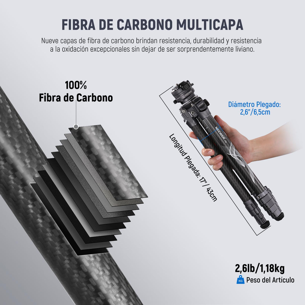 NEEWER LITETRIP LT32 62" Trípode de Viaje de Fibra Carbono con Base Niveladora de ±15°, Eje Central Desmontable, Hebilla de Giro Rápido, Placa QR Tipo Arca Compatible con Peak Design Capture V3