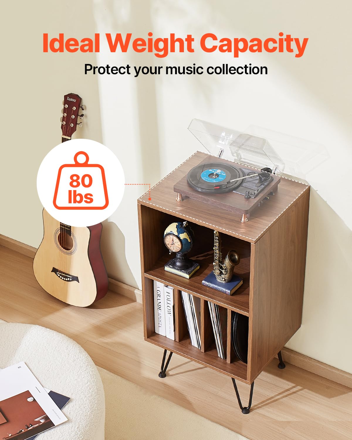 VEVOR Soporte para Tocadiscos 480 x 400 x 860 mm de 3 Niveles Capacidad Hasta 150 Álbumes, Gabinete de Almacenamiento de Discos de Vinilo con Patas de Metal para Dormitorio, Sala de estar, Marrón