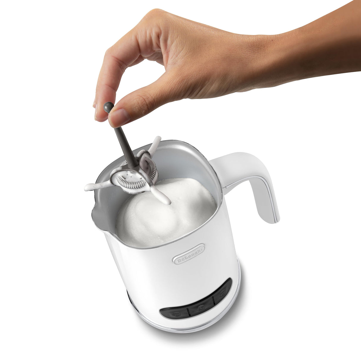 De'Longhi Espumador de leche eléctrico LatteMix EMF3.W para leche caliente y fría y alternativas vegetales, fácil limpieza, tapa transparente, 3 botones, 250 ml, color blanco
