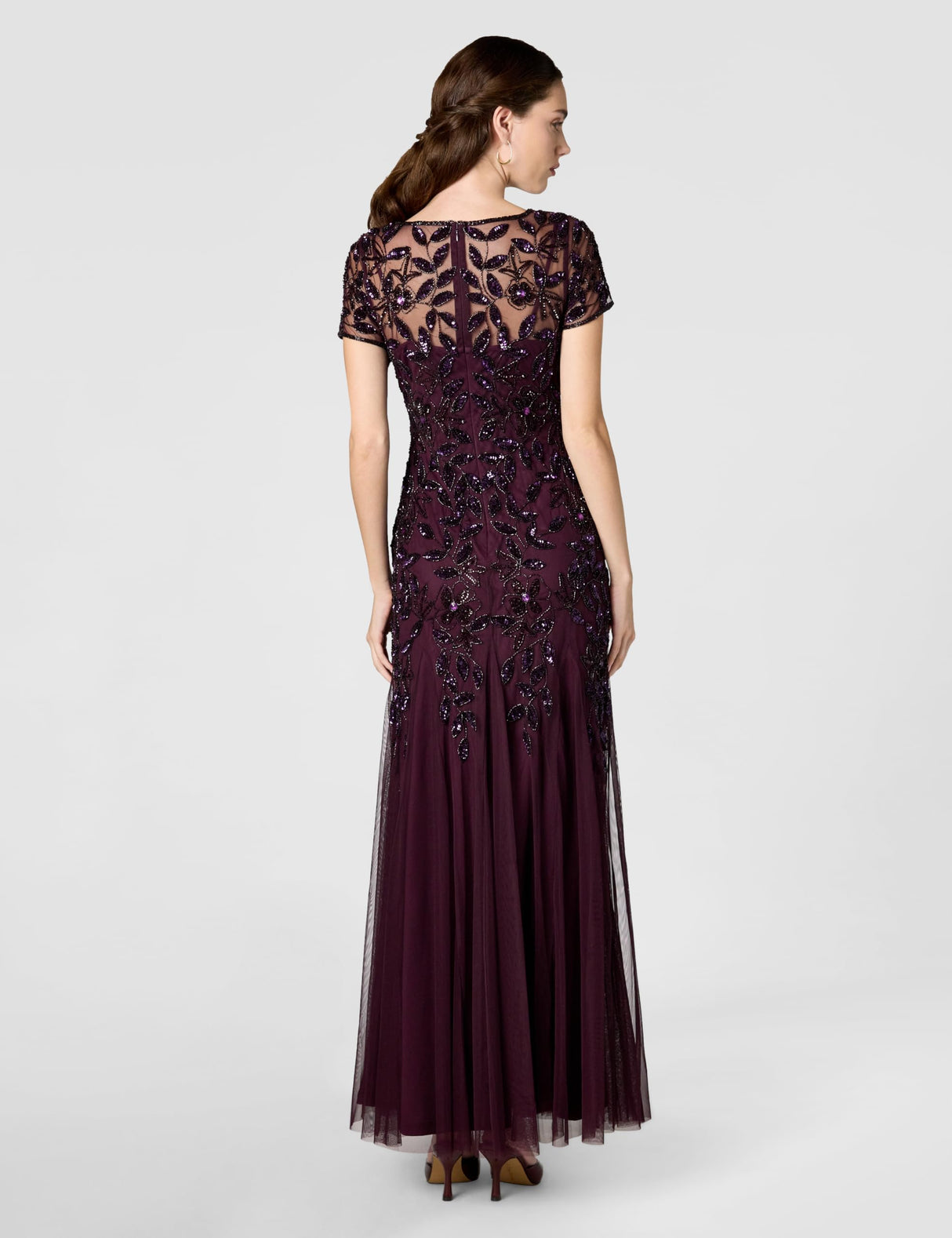 Adrianna Papell Short-Sleeve Floral Beaded Godet Gown Vestido, Ciruela Nocturna, 46 Mujeres