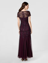 Adrianna Papell Short-Sleeve Floral Beaded Godet Gown Vestido, Ciruela Nocturna, 46 Mujeres