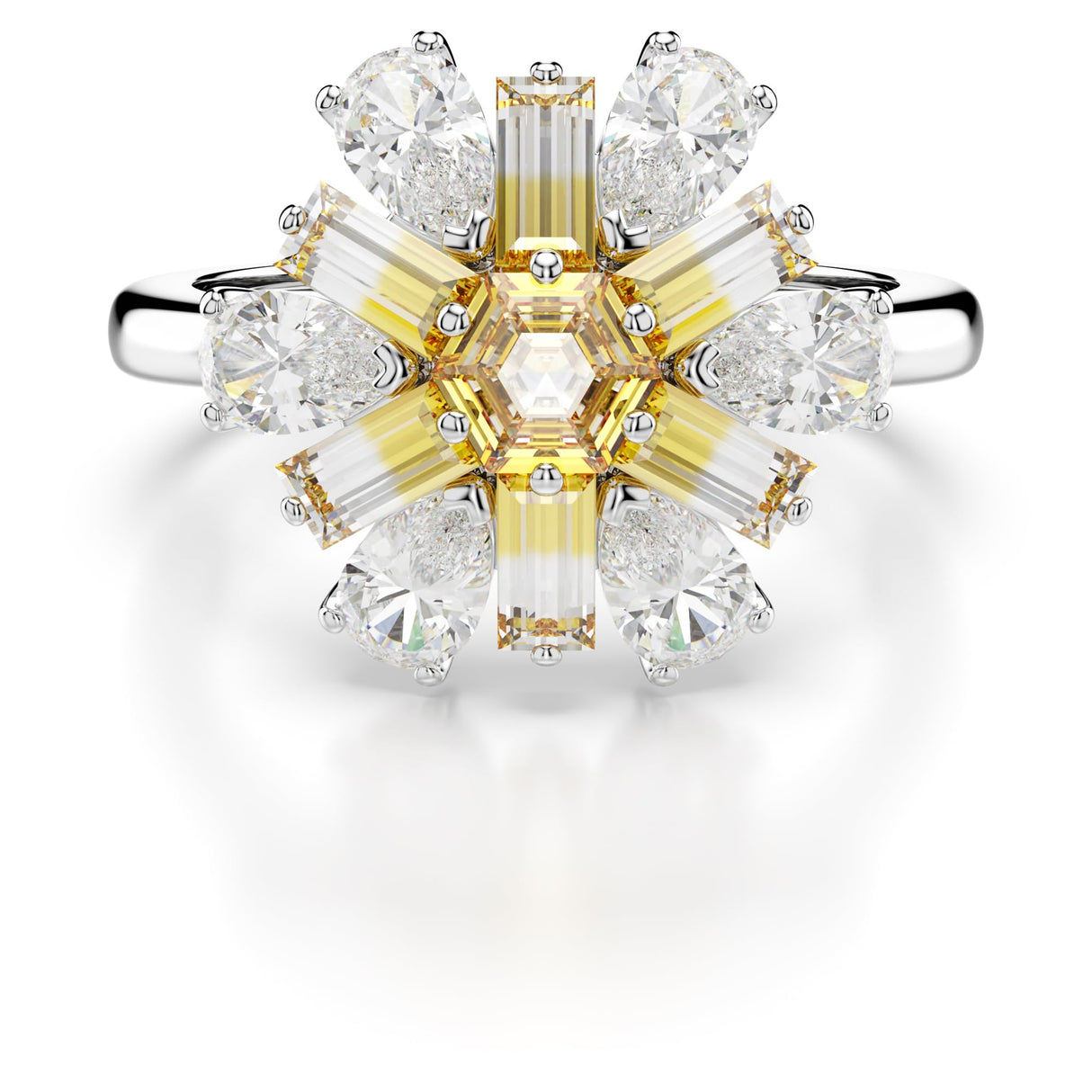 Swarovski Anillo de cóctel Idyllia, Tallas mixtas, Flor, Amarillo, Baño de rodio, 50-55