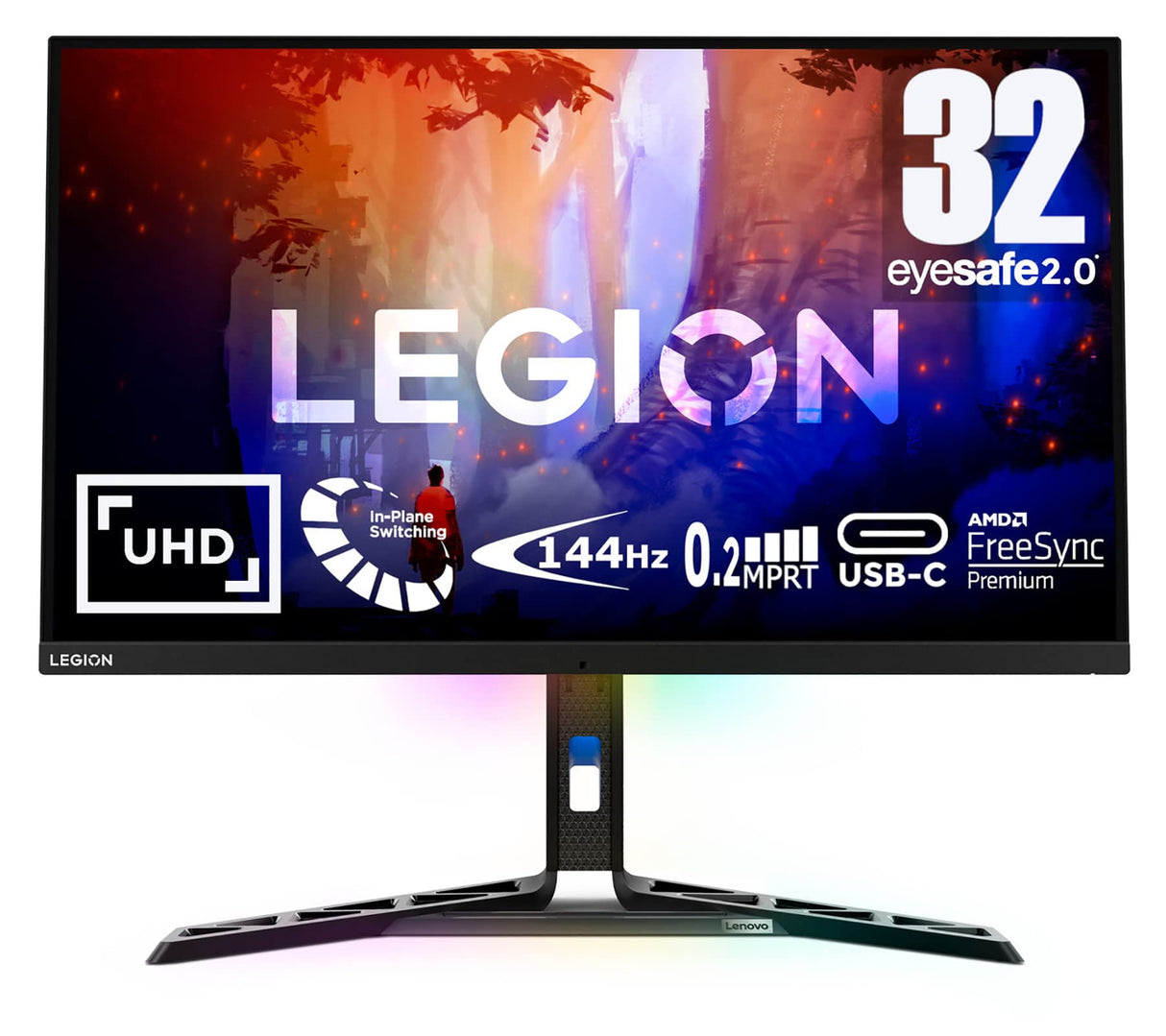 Lenovo Legion Y32p-30 - Monitor Gaming 31.5" 4K UHD con EyeSafe (IPS, 144 Hz, 0.2ms, HDMI DP USB-C + Cables, FreeSync Premium, HDR400, Altavoces) Ajuste de Inclinación/Elevación/Rotación - Negro