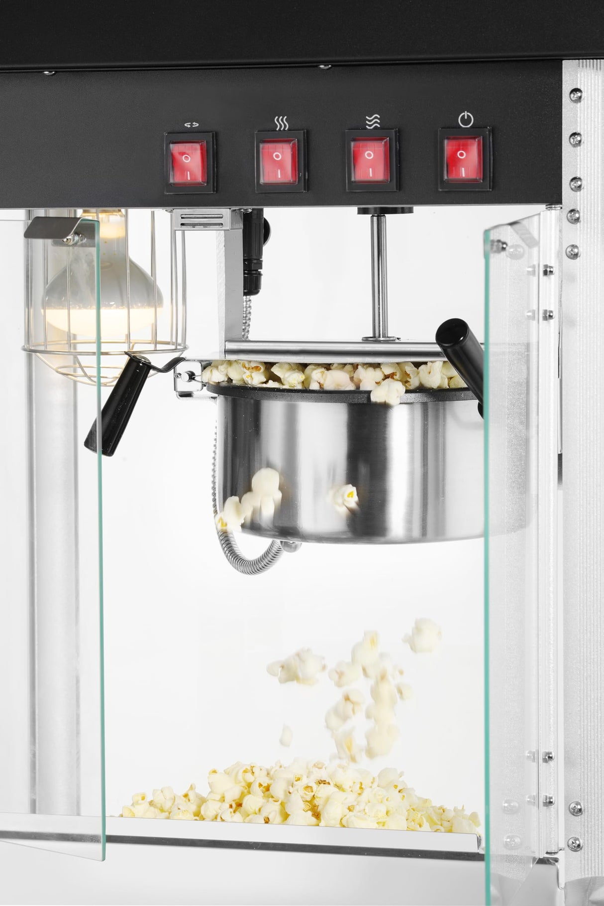 HENDI Máquina para hacer palomitas de maíz, palomitero, con bandeja recogemigas, 230V, 1500W, 560x420x(H)770mm, aluminio, acero inoxidable, cristal templado, negro