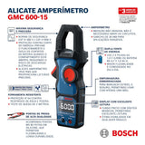 Bosch Professional Amperímetro de Gancho GMC 600-15 (Pinza amperimétrica True RMS, corriente alterna hasta 600 A, tensión hasta 600 V AC/DC, 2 x 1,5 V LR06 (AA), tiras métricas MS 90, bolsa)