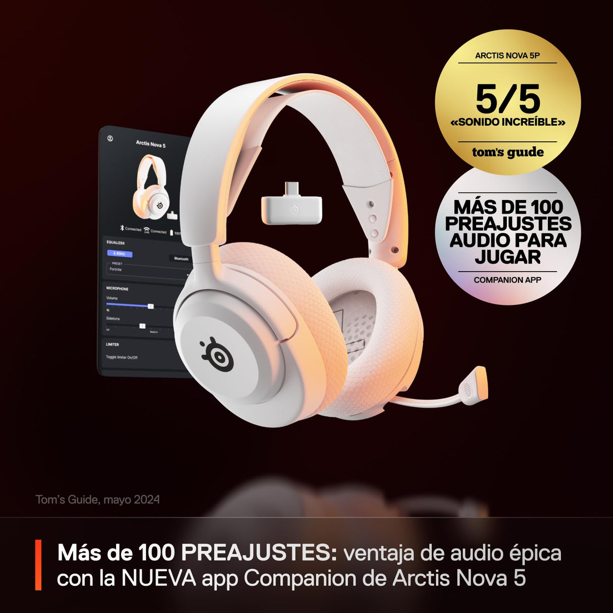SteelSeries Arctis Nova 5 Blanco Cascos gaming inalámbricos PC, PS5, Switch 2, móvil - Controladores magnéticos de neodimio - Más de 100 preajustes - Batería de 60 horas - 2,4 GHz o BT - Micro Gen2.X