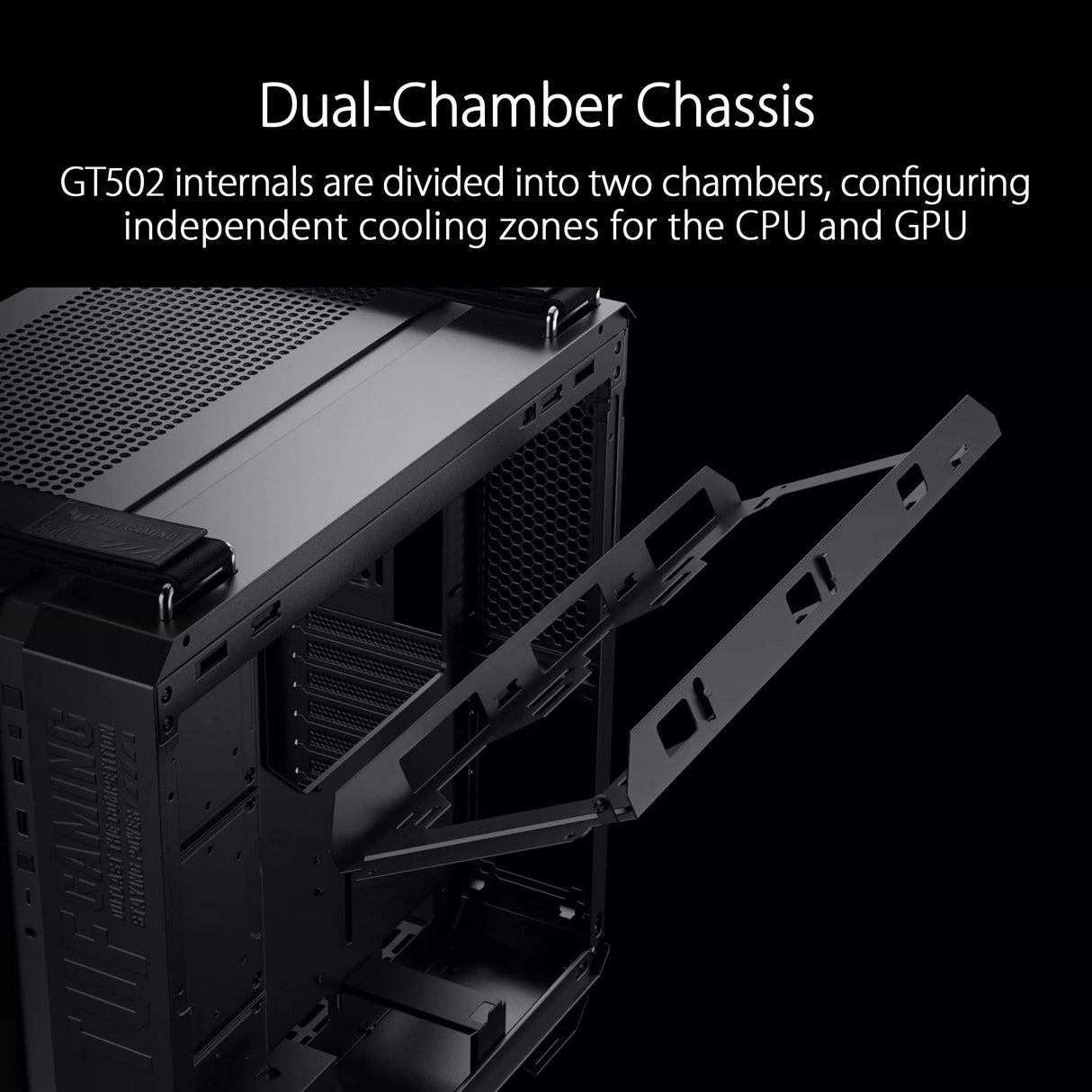 ASUS TUF Gaming GT502 Plus Black - Chasis Gaming ATX (diseño de Doble cámara, Zonas de refrigeración Independientes, Paneles Laterales sin Herramientas, USB 3.2 Gen 2 Tipo-C, Ventiladores ARGB)