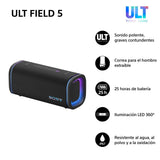 Sony ULT Field 5, Altavoz portátil Bluetooth Potente, 25 H de batería, 2 Modos ULT Power Sound, Resistente al Agua y al Polvo, 360 Luces, Correa Extraible para el Hombro, Compacto, Negro