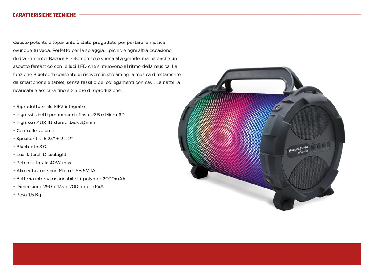 iSnatch BazooLED 40-40W Altavoz Bluetooth para Exteriores con Luces DiscoLED