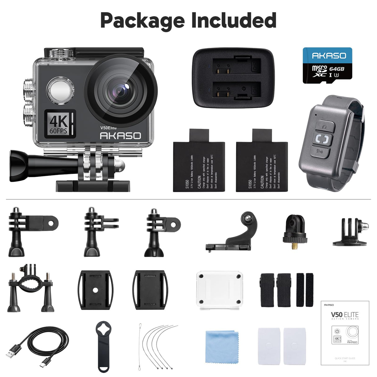 AKASO V50 Elite Cámara Deportiva con Tarjeta de Memoria MicroSDXC de 64GB Cámara de Acción WiFi 4K 60fps 20MP con EIS Pantalla Táctil Control de Voz 8X Zoom Cámara Acuatica Sumergible 40M 2 Baterías