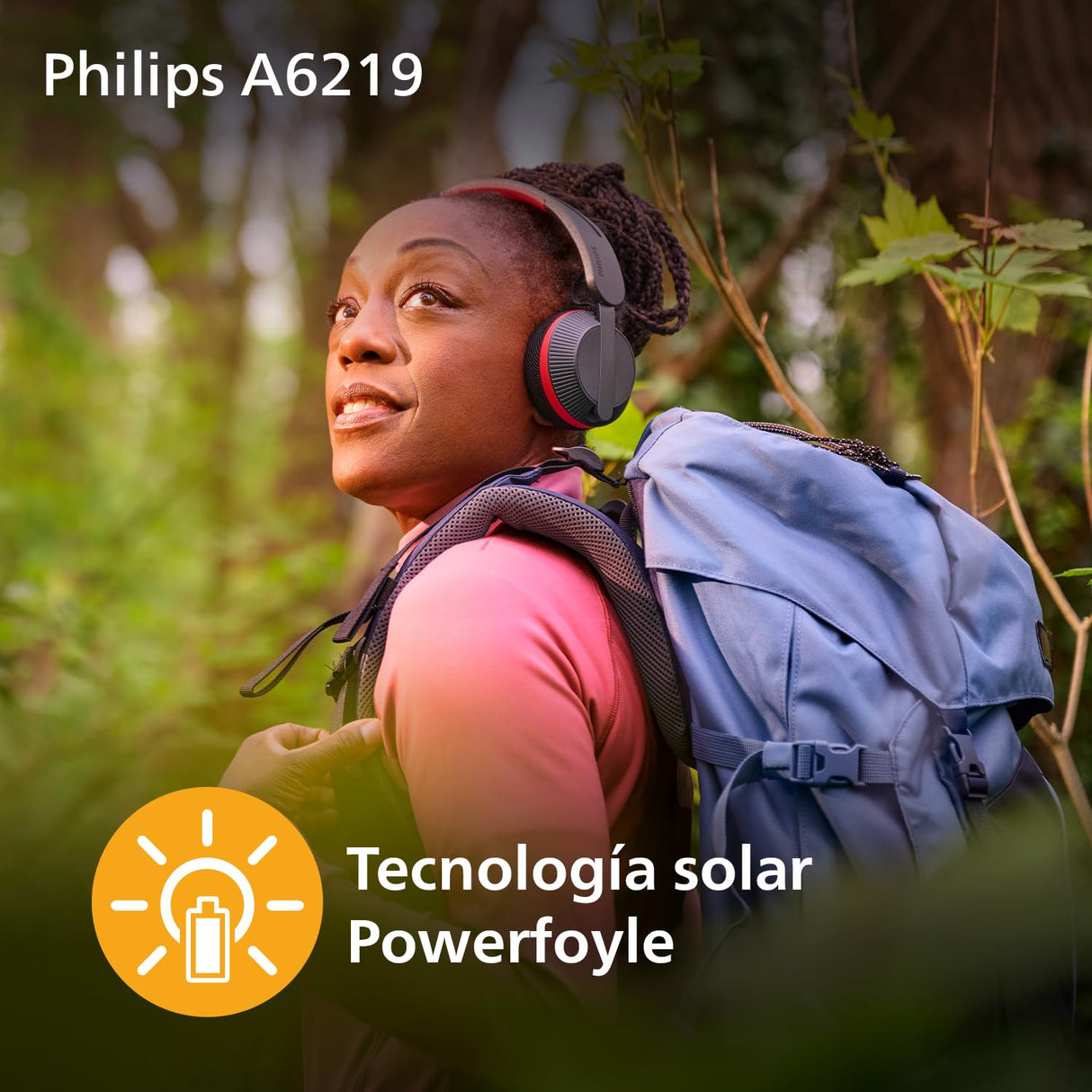 Philips TAA6219BK Auriculares Bluetooth Deportivos Serie 6000 con Carga Automática Solar, Reserva de Batería de 80 Horas, Ideales para Hacer Ejercicio, Correr y Otros Deportes - Negro y Rojo