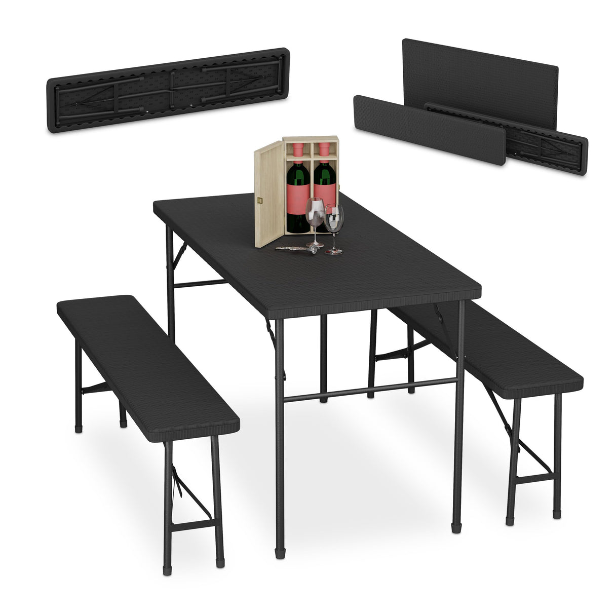 Relaxdays Conjunto Jardín Plegable, 3 Piezas, Mesa de Exterior, 2 Bancos Patio, Camping o Recepción, Efecto Ratán, Negro, Acero, 73 x 120 x 61 cm