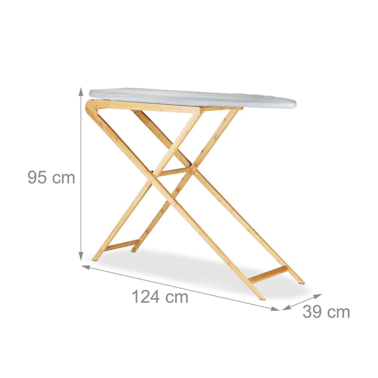Relaxdays Tabla de Planchar Plegable Grande, Bambú, Gris, 39x124x95 cm