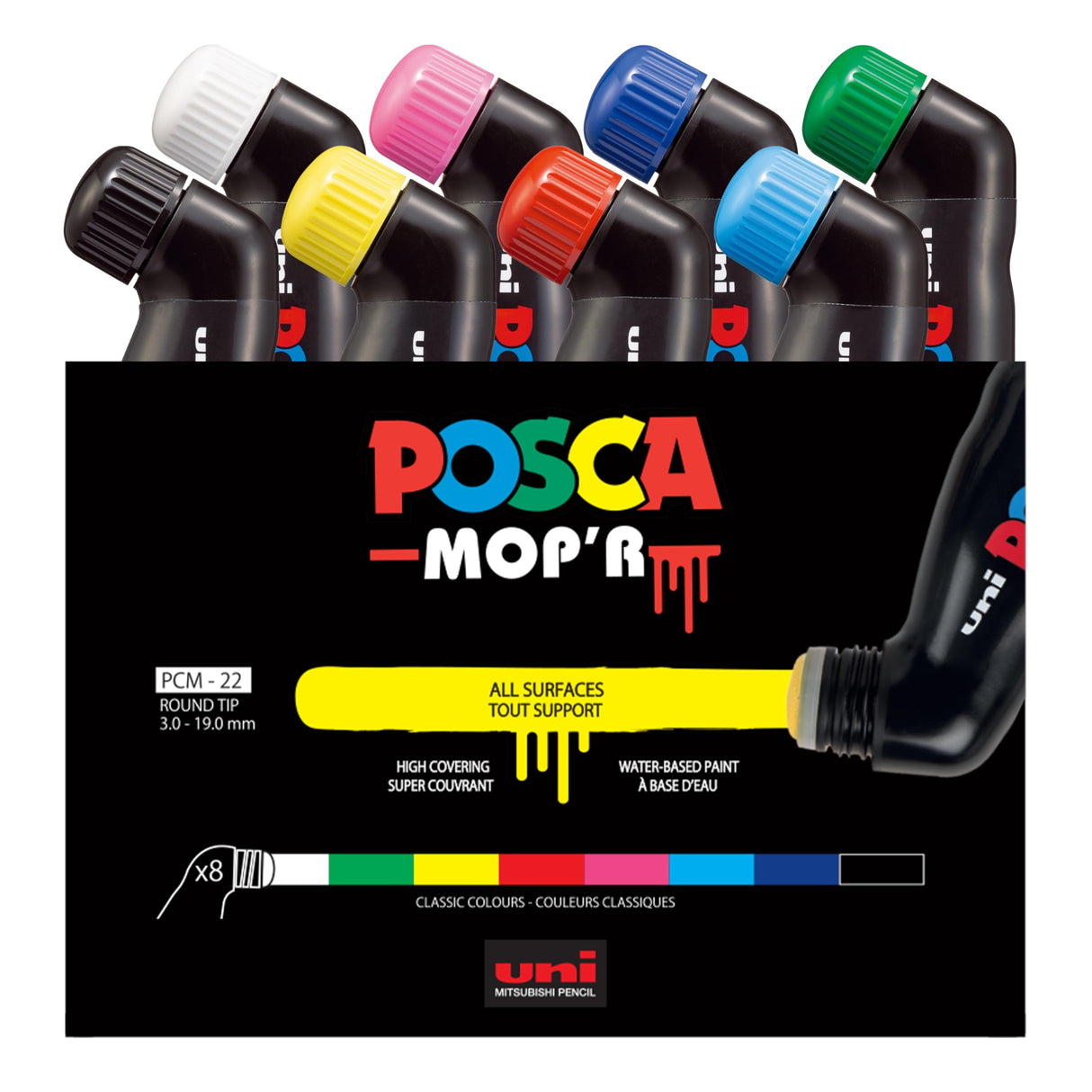 Posca - Marcador Mop'R Pcm-22, Juego De 8, Punta De Sello Redonda 3-19 Mm, Forma Ergonómica