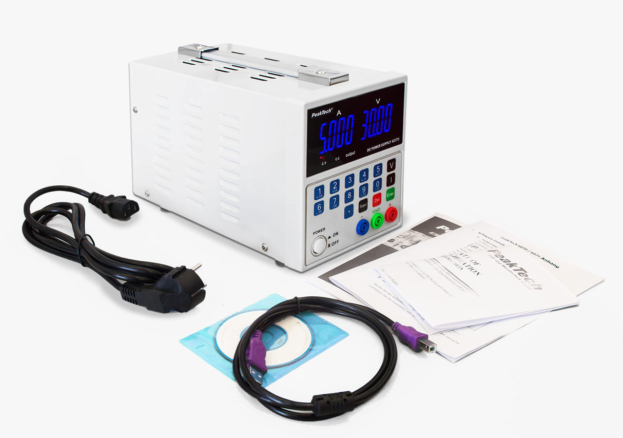 PeakTech 6070 – Fuente de alimentación 0-30V / 0-5A, ajustable, DC con USB y pantalla LED, conmutación estabilizada, amperímetro, a prueba de sobrecarga y cortocircuito, enfriamiento pasiv