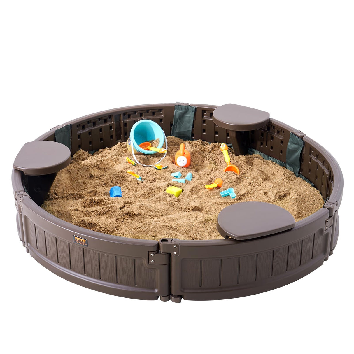 VEVOR Caja de Arena con Tapa Areno de HDPE Redondo de 120 x 23 cm con 3 Asientos en Las Esquinas y Revestimiento Inferior para Niños de 3 a 12 Años para Patio al Aire Libre, Playa, Parque, Marrón