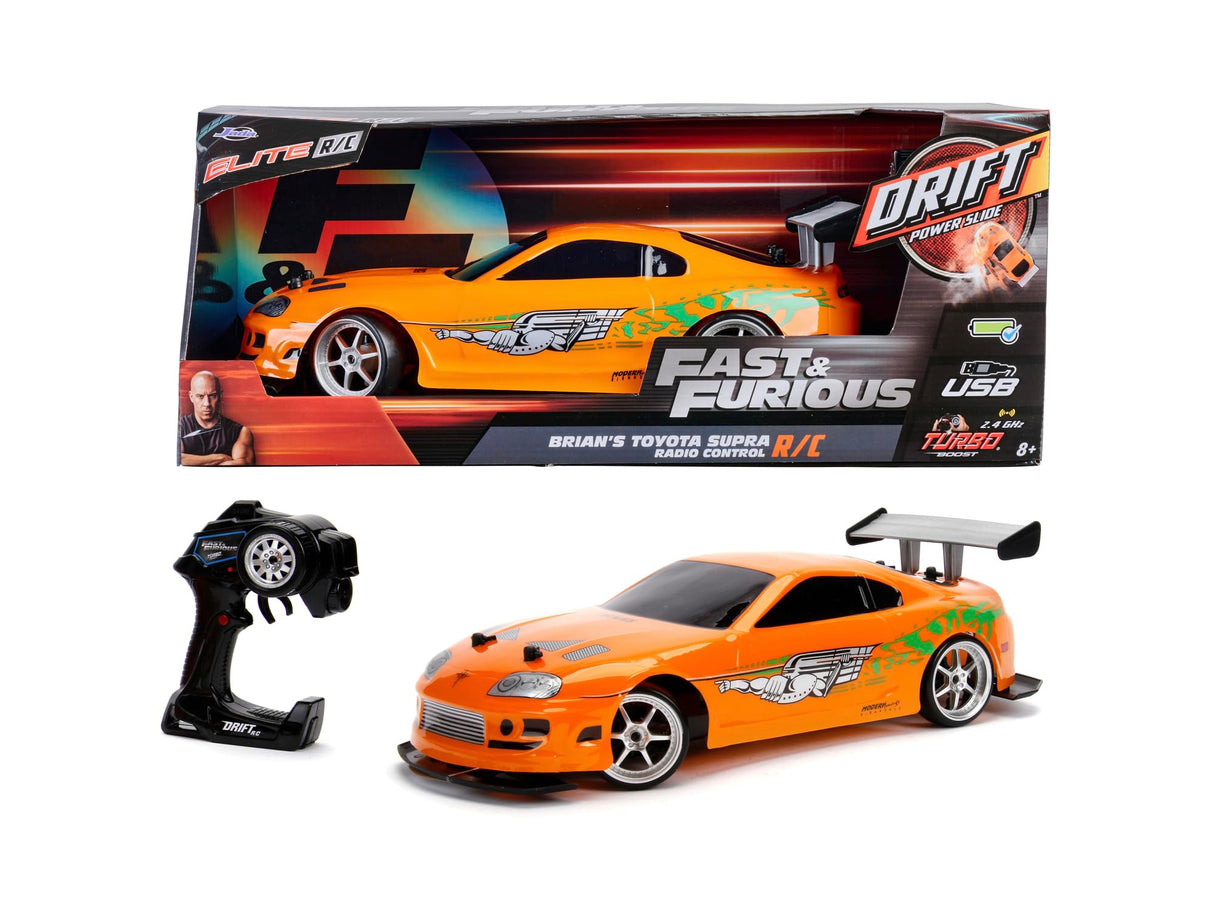 Jada Toys 253209003 Toys Fast & Furious RC Auto, Drift 1995 Toyota Supra, Turbo, función de Deriva, tracción en Las Cuatro Ruedas, Coche teledirigido, Mando a Distancia de 2 Canales, función de Carga