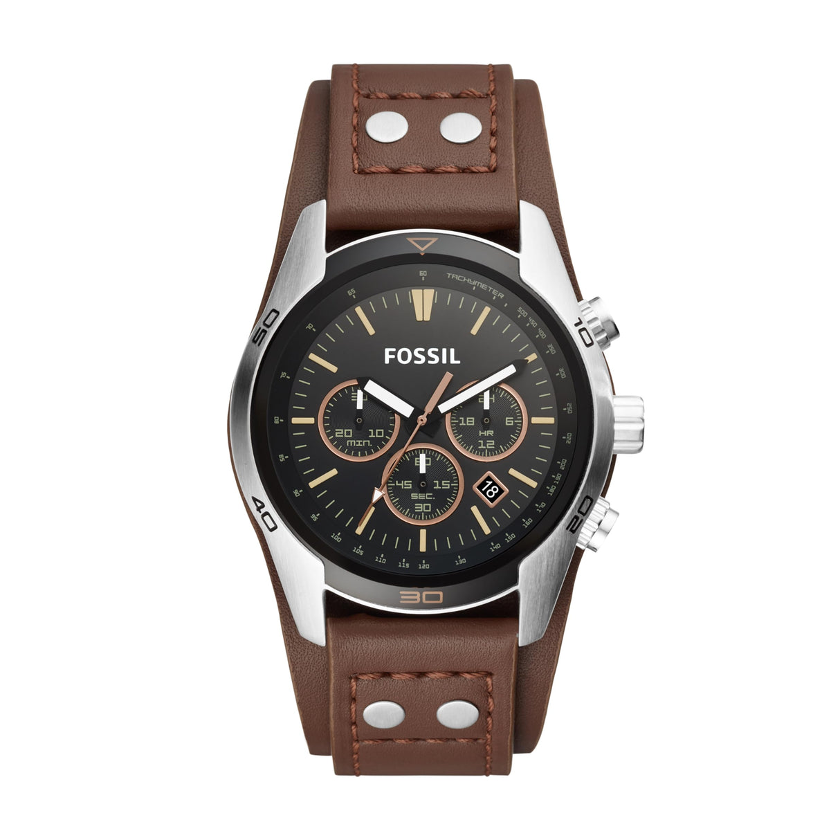 Fossil Reloj para hombre Coachman, movimiento cronógrafo de cuarzo, caja de acero inoxidable plateado de 44mm con correa de piel auténtica, CH2891