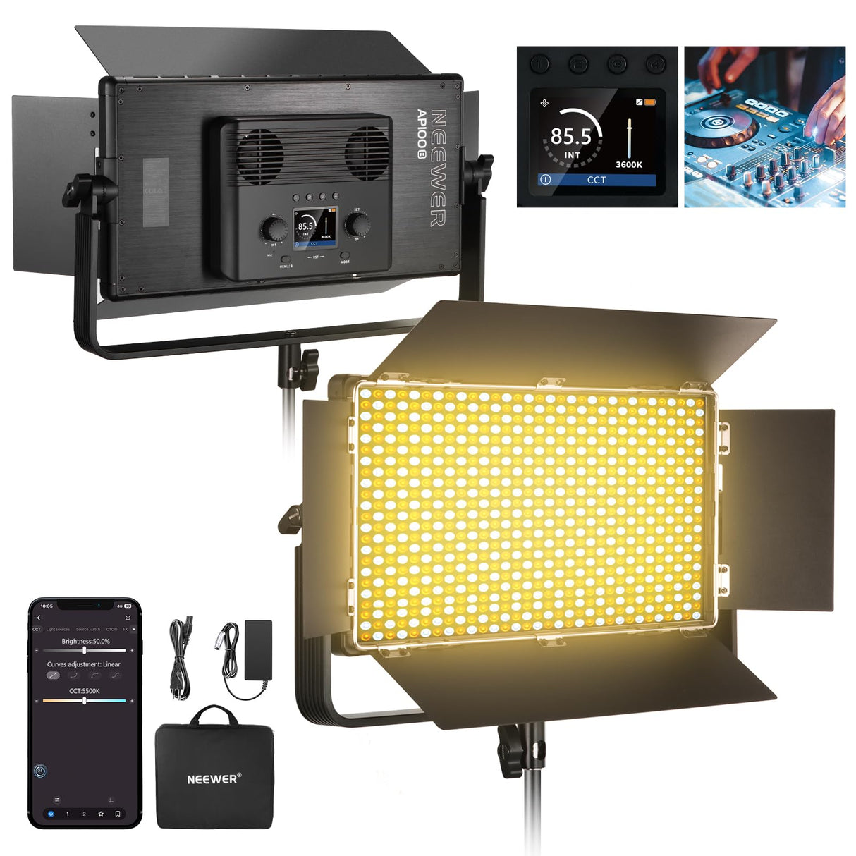 NEEWER 100W Bicolor LED Panel Luz Video Kit, 960 LED 38600Lux@0.5m 2500K-8500K CRI96+/TLCI97+ 0-100% Atenuación, App/2.4G/Panel/Control DMX para Foto Estudio Pro Grabación Luz Escenario, AP100B