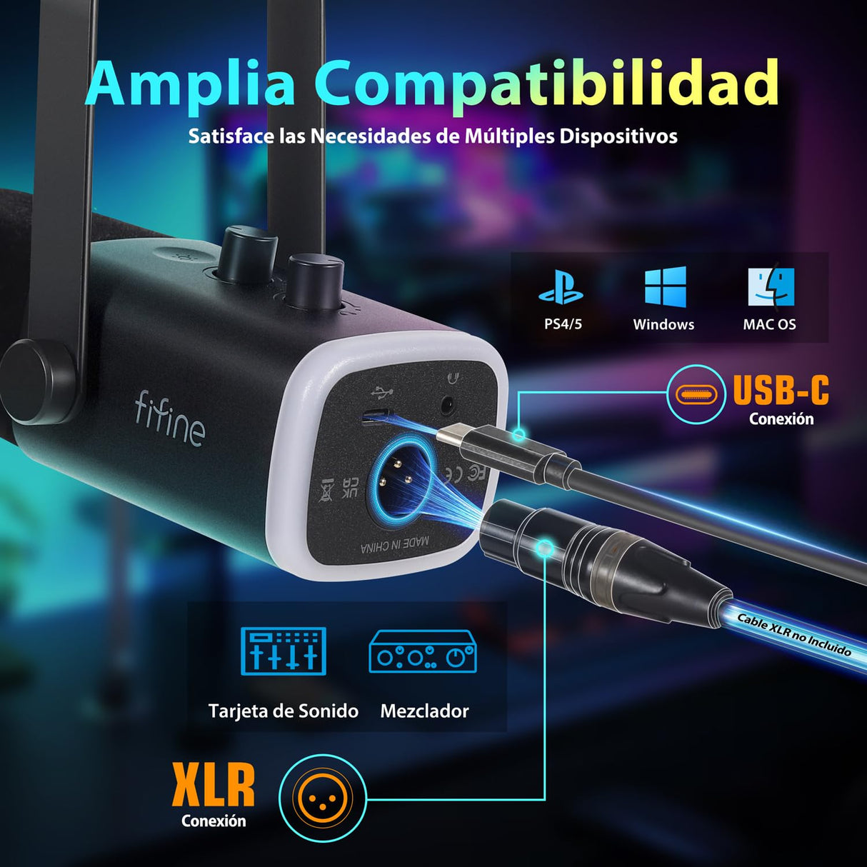 FIFINE XLR Streaming Micrófono Dinámico de Podcast, RGB Gaming Micrófono USB con Soporte Microfono per Ordenador PS4 PS5, para Podcast Estudio Podcasting Grabación