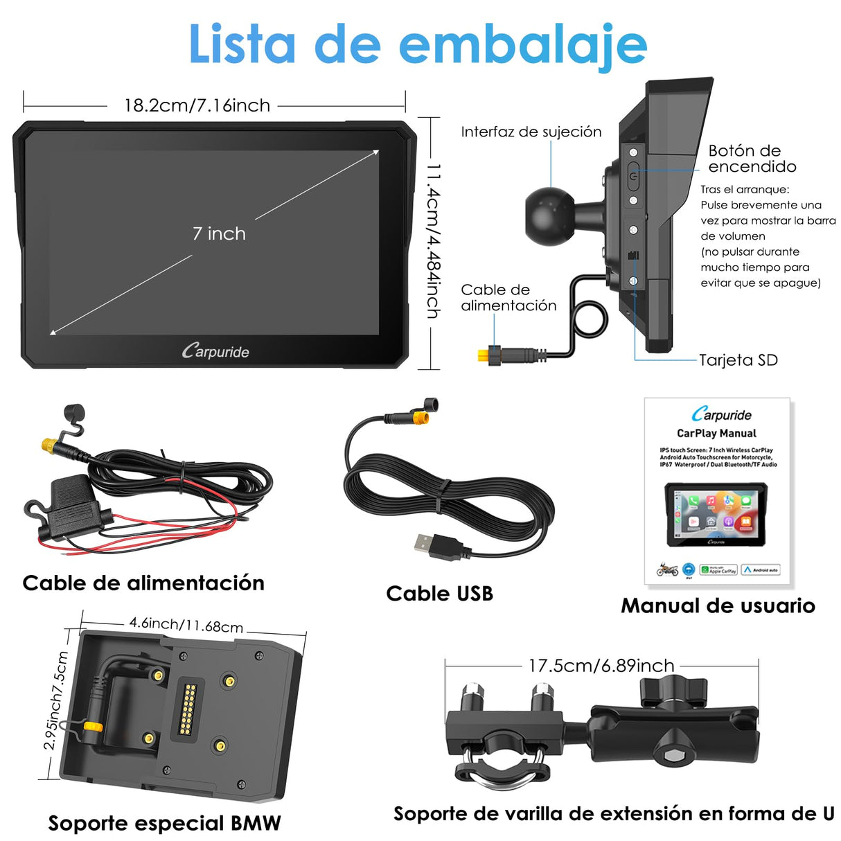 Carpuride W702B - Pantalla GPS Carplay para Motocicleta con Soporte Personalizado para BMW Motorbike, Inalámbrico CarPlay y Android Auto, Portátil 7 Pulgadas Impermeable Táctil Pantalla, Bluetooth