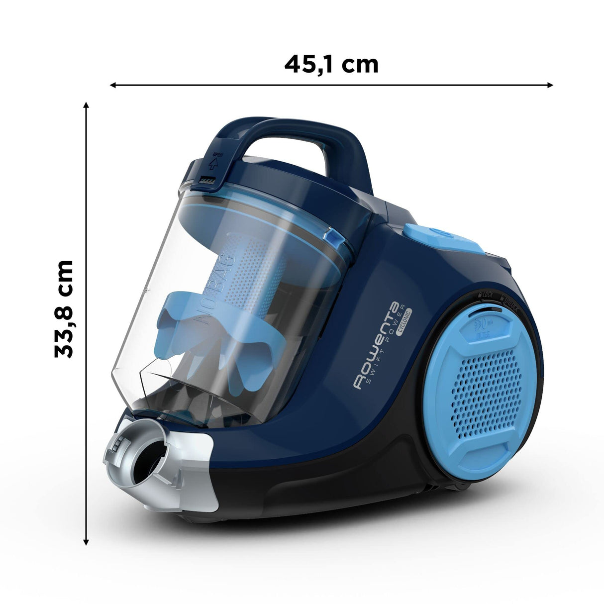 Rowenta Swift Power RO2981 Total Care, aspiradora sin bolsa, sistema ciclónico, depósito 1.5 L, cepillo parquet, boquilla 2 en 1 para ranuras, tapicerías y pelo mascotas, 77 dB, Multicolor