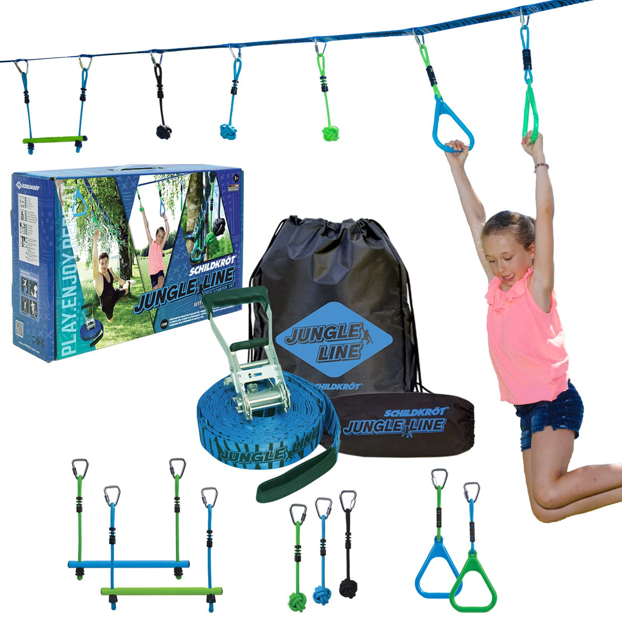 Schildkröt Jungle Line, Juego de Circuito de Escalada para Niños y Adultos, 11 Metros, Carrera Ninja al Aire Libre, 7 Obstáculos Robustos