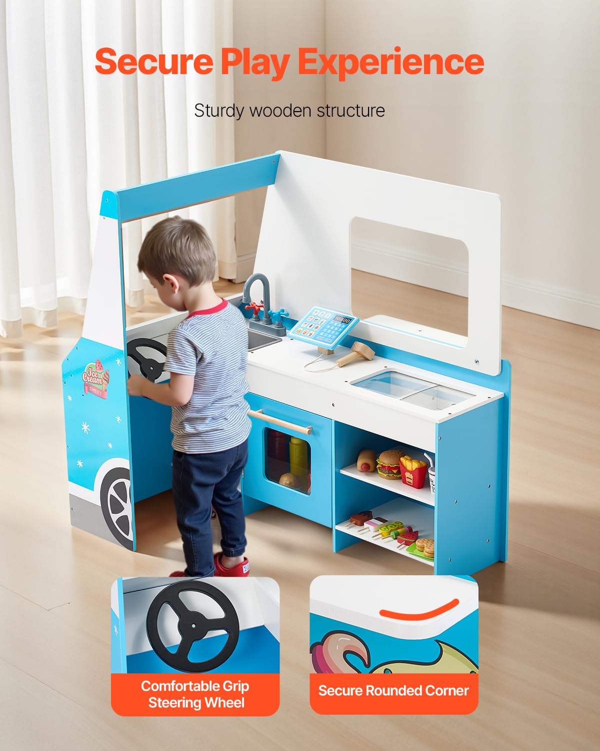 VEVOR Carrito de Helados para Niños, Juego de Madera de Más de 20 Piezas, con Volante y Pizarra, Escáner de Pago y Congelador, Grifo y Fregadero, para Niños de 3 a 7 Años, 1000 x 614 x 955 mm