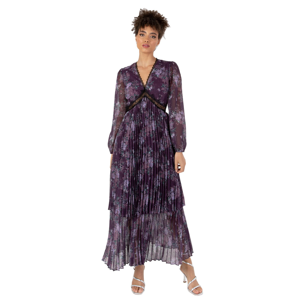 Anaya with Love Women's Midaxi Dress Ladies Long Blouson Sleeve V-Neck Tiered Pleated Lace Insert Empire A-Line Wedding Guest Evening Vestido, Purple Floral, 46 para Mujer