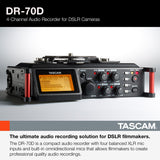 TASCAM Grabadora de audio portátil de 4 canales para videógrafos, 4 entradas combinadas XLR/TRS, 2 micrófonos internos, limitador, filtro HP (DR-70D)