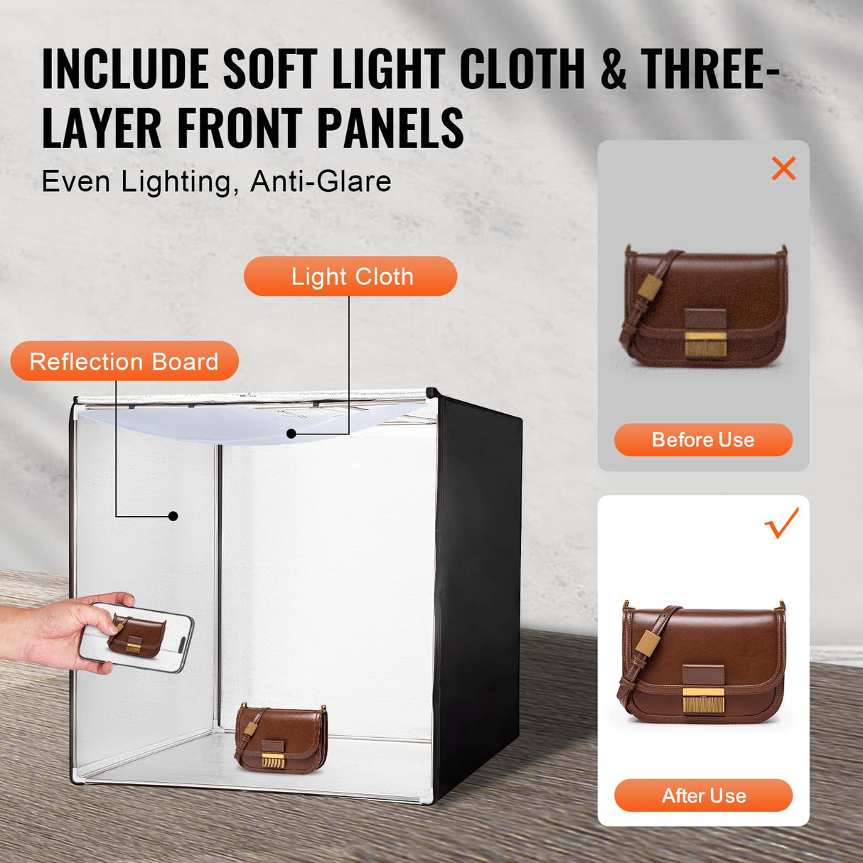 VEVOR Caja de Luz para Estudio Fotográfico 100x100 cm 5600K Caja de Fotos para Fotografía 210 Luces Led 5 Fondos Adaptador de Corriente Piezas de Esquina de Tela Suave CRI ≥95 para Fotografía