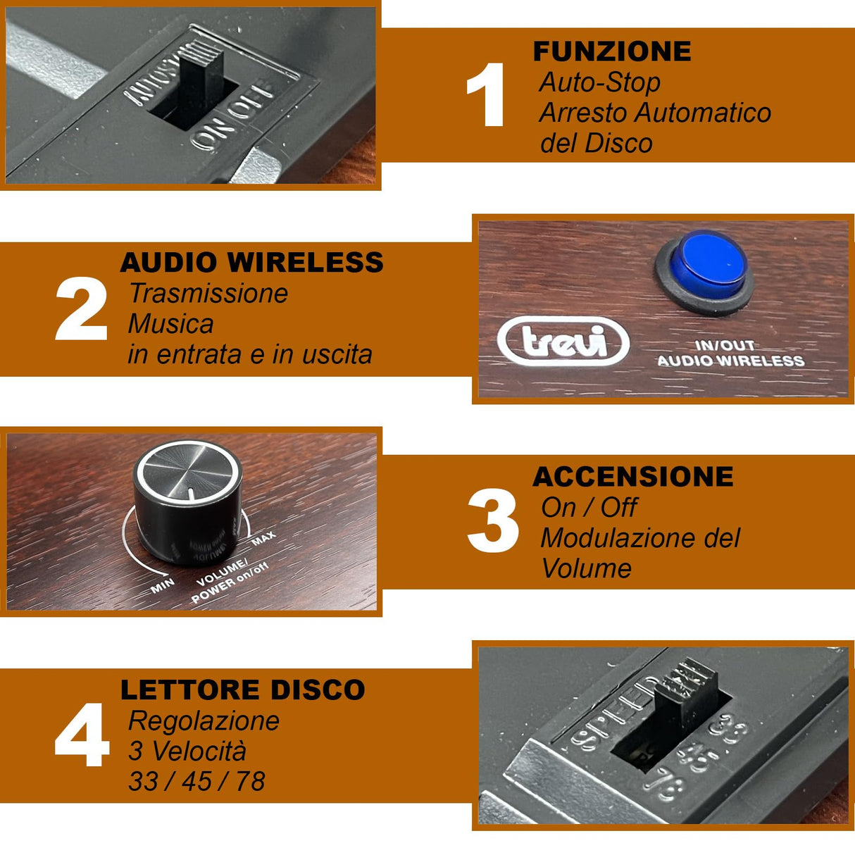 Trevi TT 1030 BT Tocadiscos con Mueble de Madera, conexión Audio inalámbrica Entrada/Salida, Reproductor de vinilos 33/45/78 RPM, Salida RCA, Altavoces incorporados