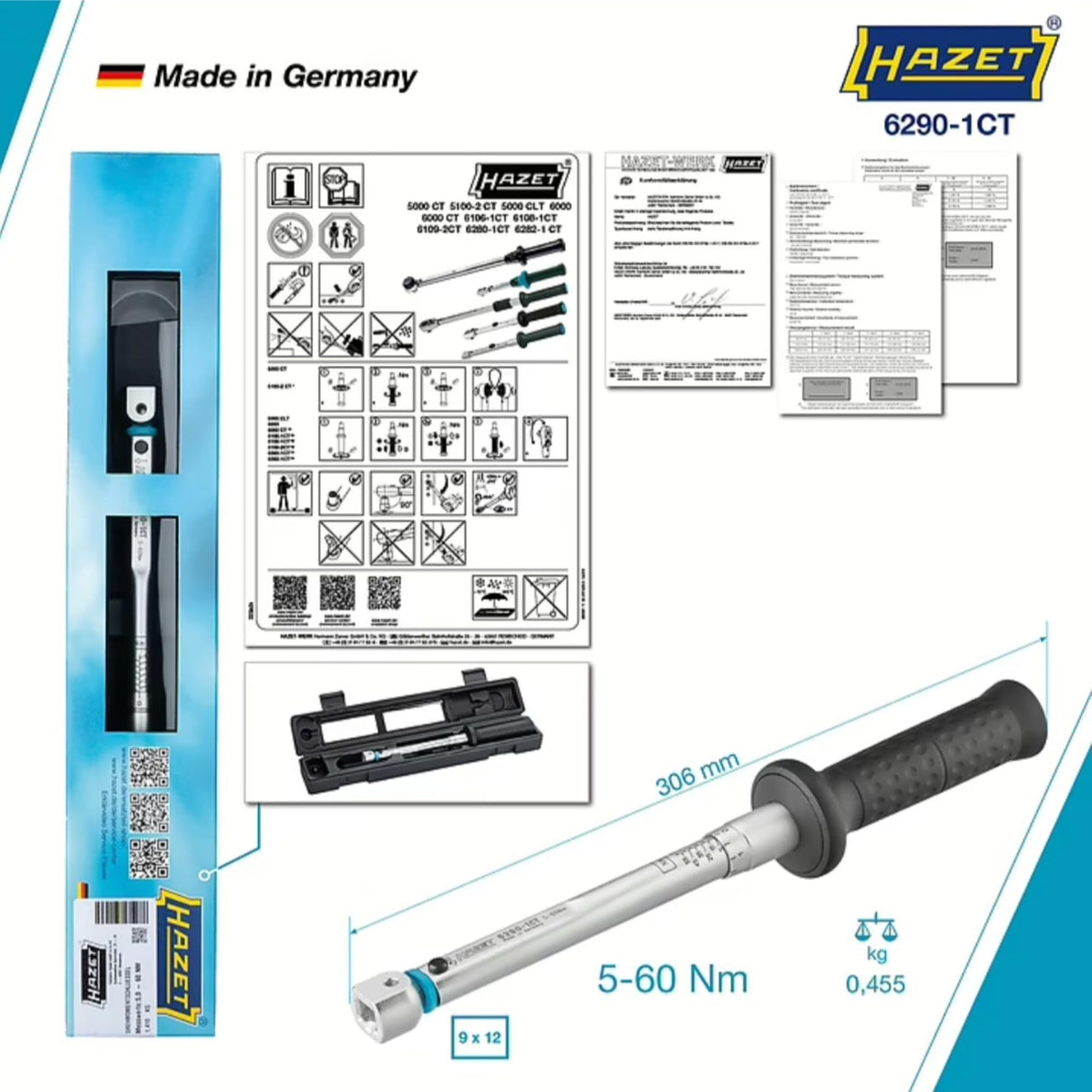 HAZET Llave dinamométrica 6290-1CT I 5-60 Nm I Precisión: ± 2 % I Salida: cuadrada