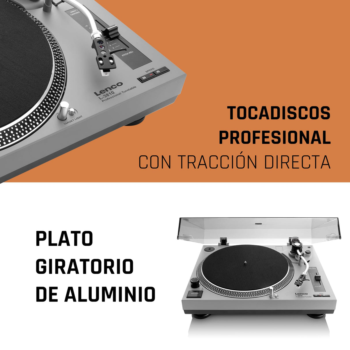 Lenco L-3810 Giradiscos de accionamiento Directo - Giradiscos DJ - 33/45 RPM - Pitch-Control - Sistema de fonocaptor magnético - Luz de Aguja - Pitch-Control - Gris Mate