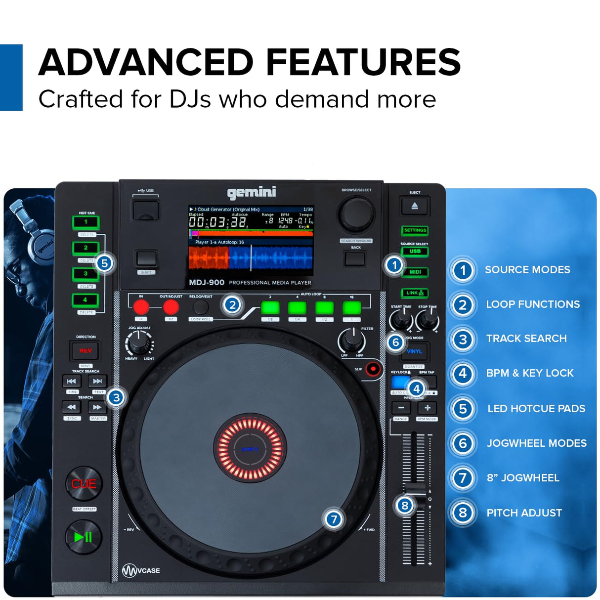 Gemini Sound MDJ-900 Reproductor de medios USB profesional con pantalla grande de 8 pulgadas y rueda de jog sensible al tacto