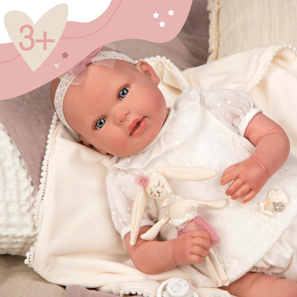 ARIAS - Muñeca Reborn Naroa de 45 cm con Manta y Muñequito, Bebé Realista con Ropita, Chupete y Chupetero, Extremidades de Vinyl y Cuerpo Blando, Juguete para Niños y Niñas +3 años (ARI98088)