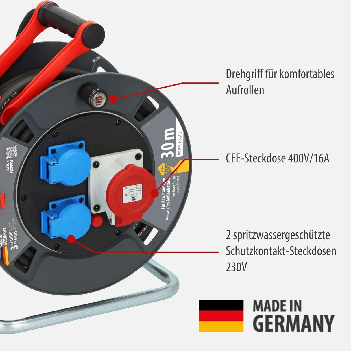 Brennenstuhl Garant CEE 1 V2 IP44 Carrete de Cable (CEE con Cable de 30 m en Negro, Fabricado en Alemania, Uso Permanente para Exteriores IP44)