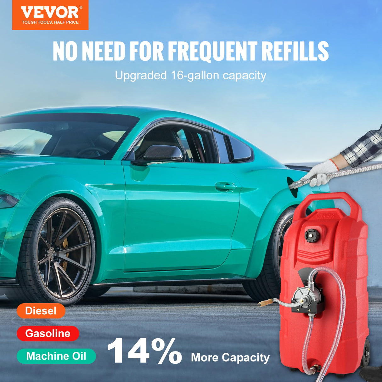 VEVOR Tanque de Combustible Portátil con Ruedas 16 Gal 60L Bidón de Gasolina 7,8L/min con Bomba Manual, Transferencia de Combustible para Gasolina, Diesel, Aceite, Máquina, Cortacésped, Coche, Tractor