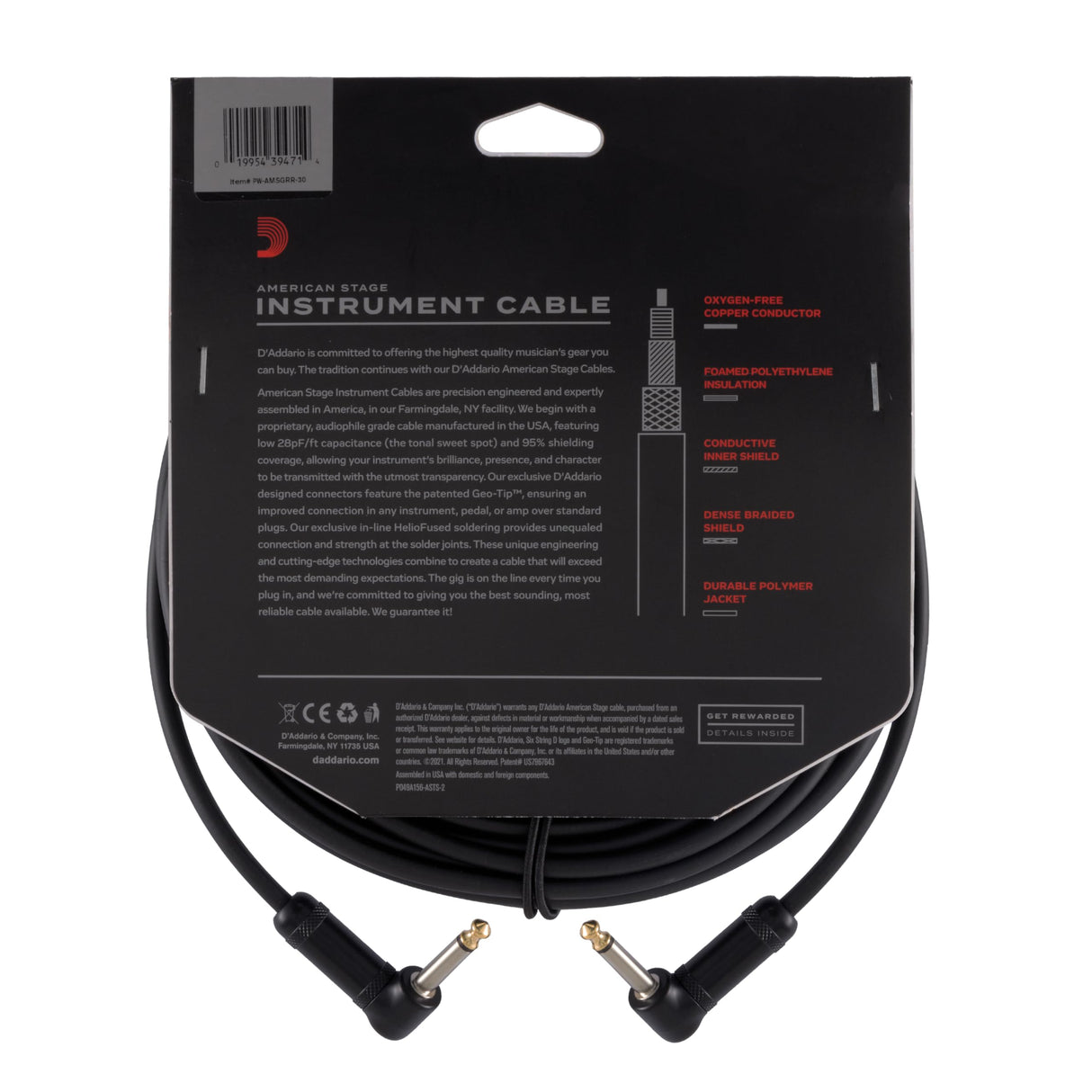 D'Addario Cable de guitarra – Cable de guitarra – macho de 1/4 pulgadas a macho de 1/4 pulgadas – Cable de instrumento de escenario americano – ángulo recto a ángulo recto, 30 pies