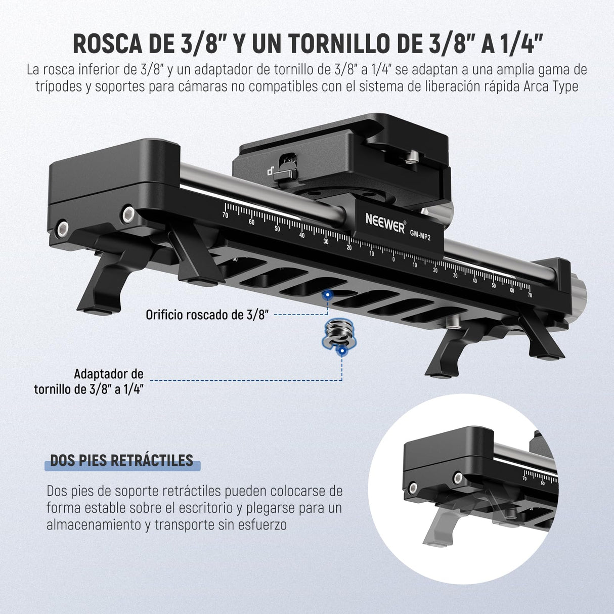 NEEWER Riel de Enfoque Macro de 140 mm, Deslizador de riel Macro con rotación de 360°, Bloqueo de 4 direcciones, Patas retráctiles, Placa QR Tipo Acra, Tornillo de 1/4 y 3/8 Pulgadas para fotografía