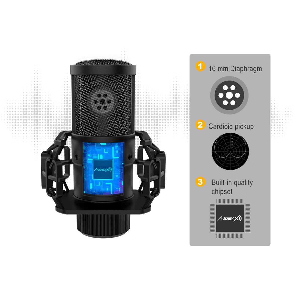Audibax AT2020 - Microfono de Condesandor de Estudio - Incluye Cable XLR, Soporte de Mesa y Araña, Antivientos y Maletín - Respuesta en Frecuencia 50 Hz/20 KHz - Micrófono con Patrón Polar Cardioide