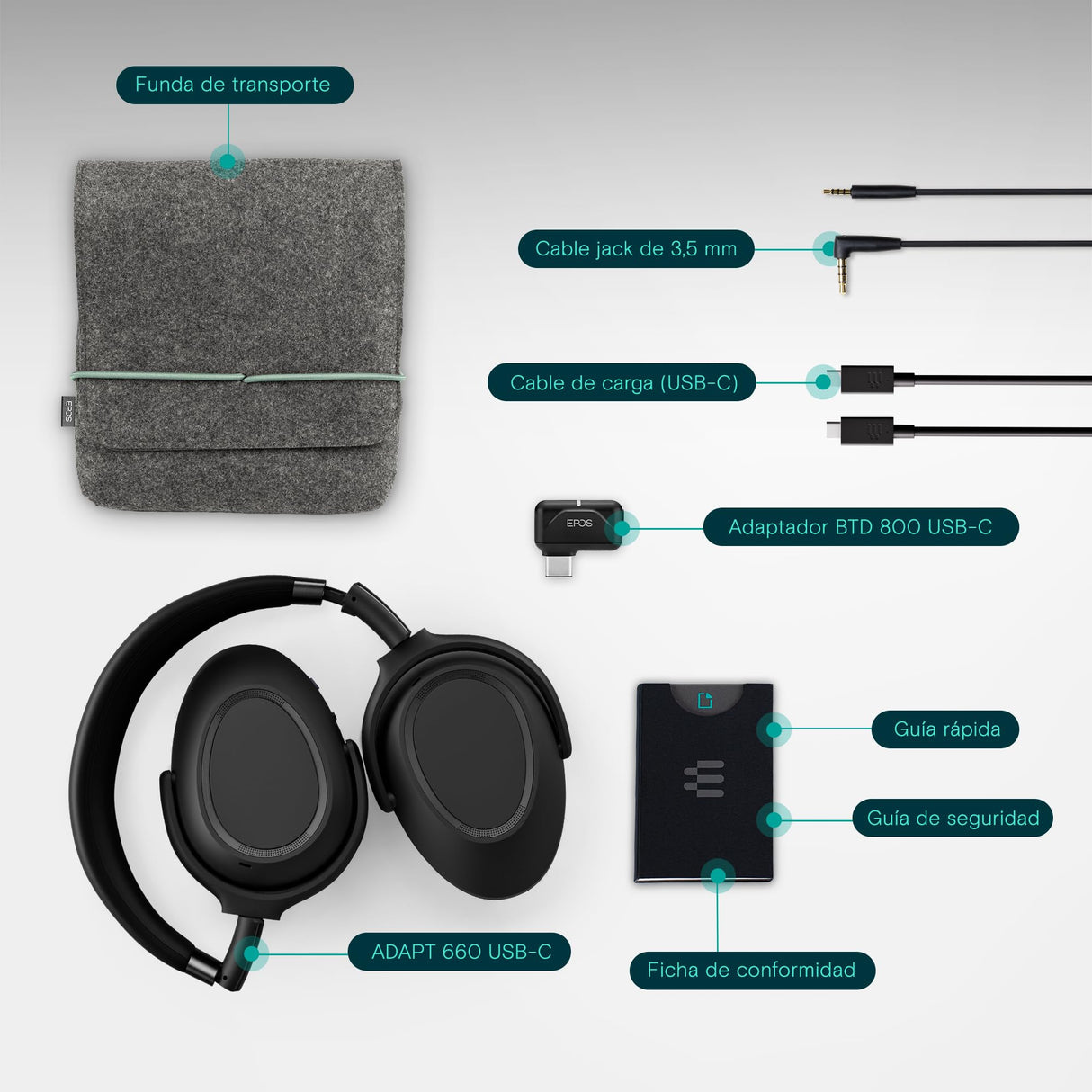 Epos Auriculares inalámbricos Adapt 660 USB-C – Bluetooth, ANC híbrido, Certificado UC, reducción de Ruido, batería 30 h, conexión Dual, Sonido estéreo Premium, Comodidad sobre Oreja, Negro