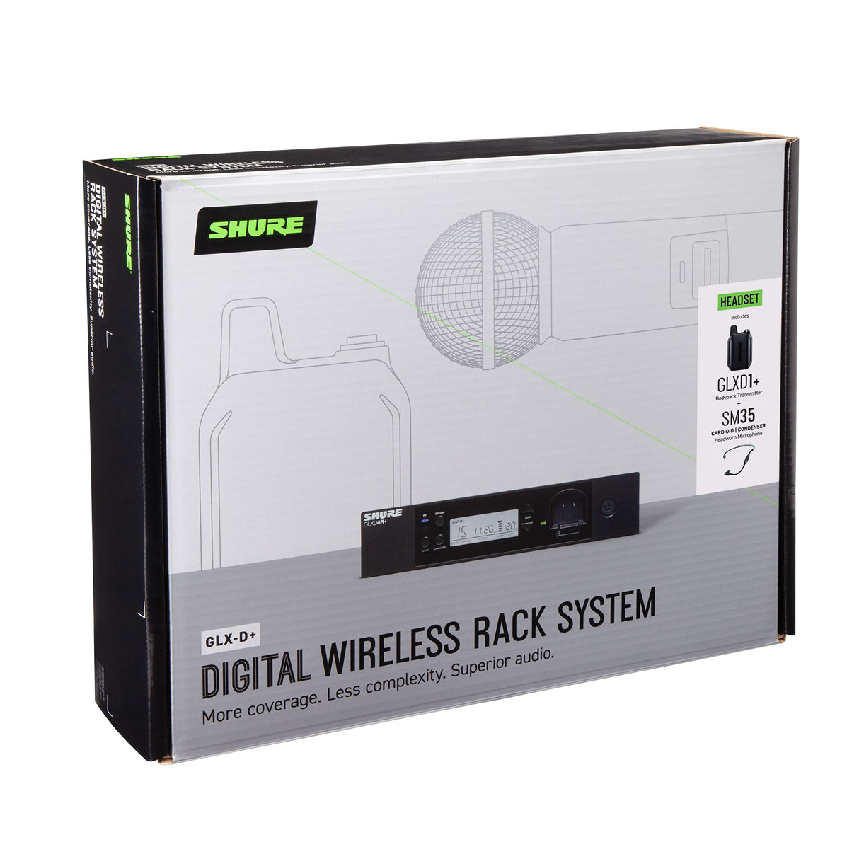 Micrófono inalámbrico profesional Shure GLXD14R+/SM35 de doble banda con batería de 12 horas y alcance de 30m. Incluye micrófono de diadema SM35 y receptor de un solo canal.