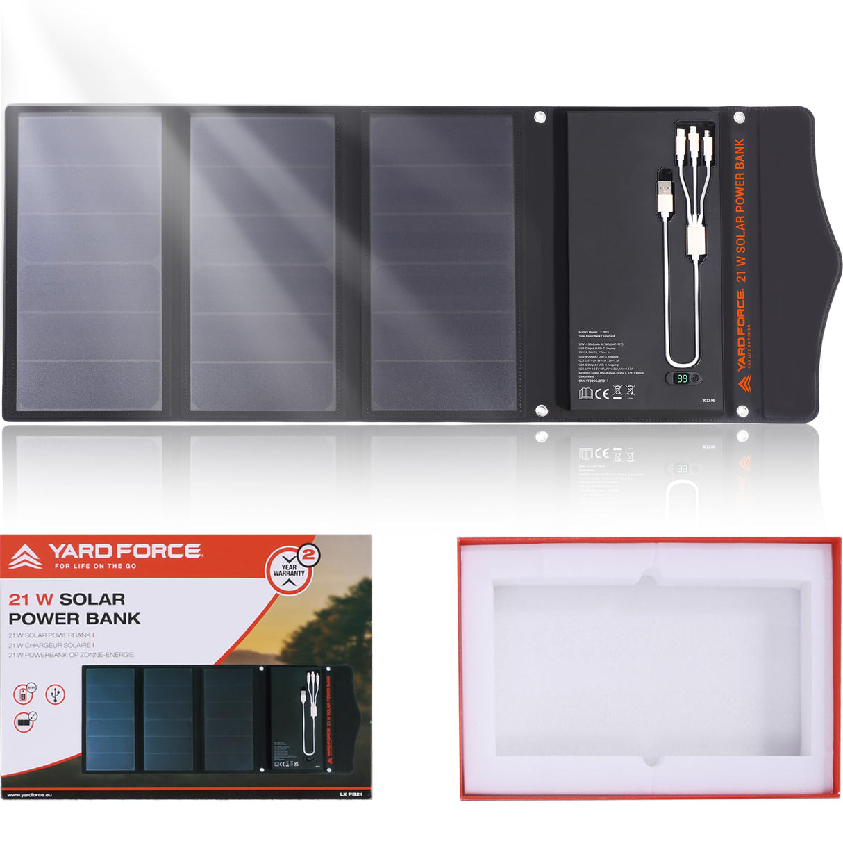 Yard Force Cargador Solar portátil de 21 W con 2 Puertos USB, batería incorporada de 13000 mAh, para Cargar Dispositivos USBiPhone, Android, MacBook, LX PB21, Negro