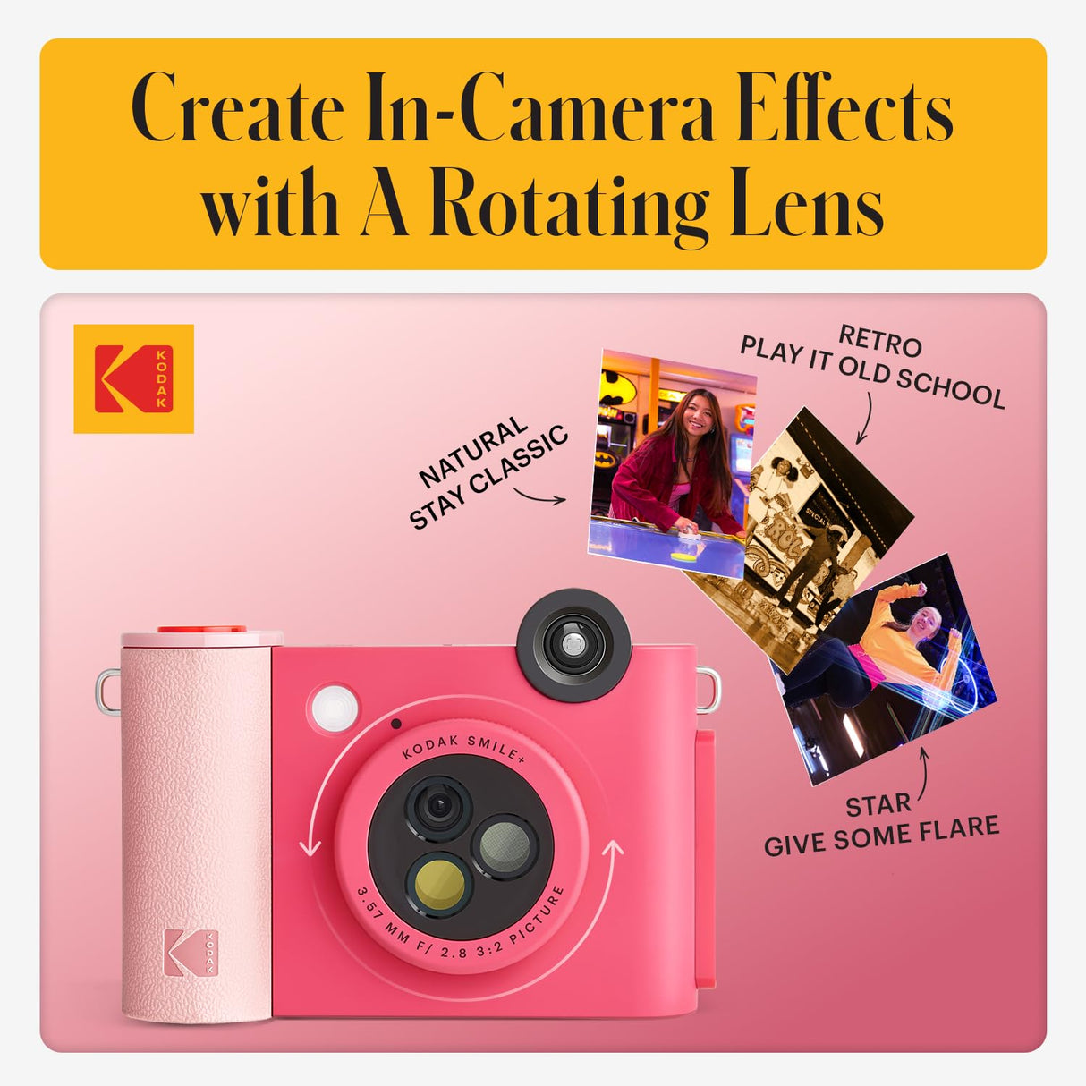 KODAK Smile+ Cámara Digital instantánea 2-en-1 y Impresora Bluetooth - 10MP, Lente giratoria con Efectos, Fotos Adhesivas Zink 2x3”, Imprime Desde App en Dispositivos Inteligentes - Fucsia
