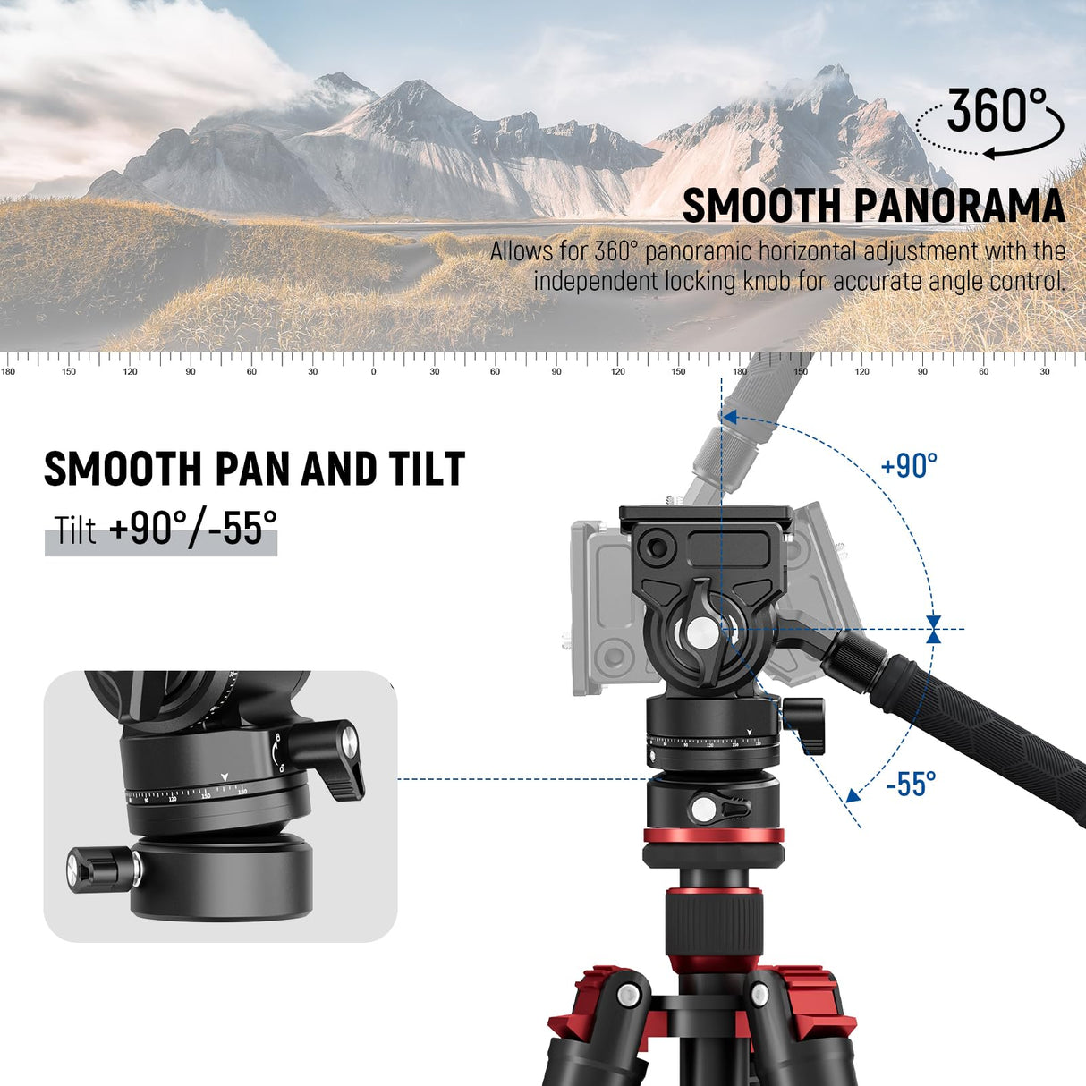 NEEWER Cabezal Fluido para Trípode con Base Niveladora de +/-7° (φ48mm), Soporte de Cabezal de Video Mini Pan Tilt Metal con Placa QR Tipo Arca, Mango Telescópico para Cámara Video Cámara DSLR, GM35