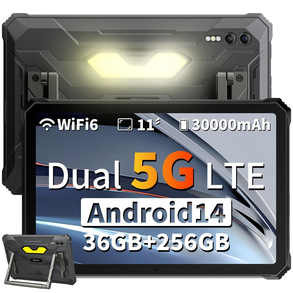 Blackview Tablet Resistente 11 Pulgadas FHD+ 5G LTE Rugged Tablet Active 10 Pro 30000mAh & 400Lumen 36GB RAM 256GB ROM/2TB TF Android 14 Rugerizada 108MP+50MP AI Cámara GPS/NFC/Face ID/OTG/PC Mode